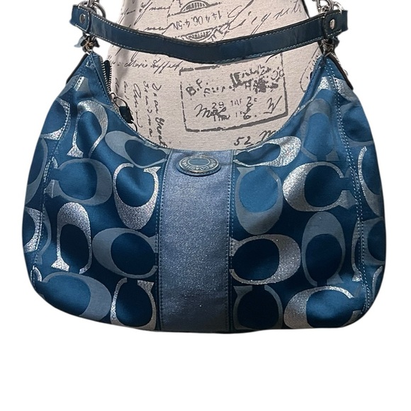 COACH F20428 Signature Handbag Teal Green Silver Jacquard Women Vintage - Picture 3 of 12